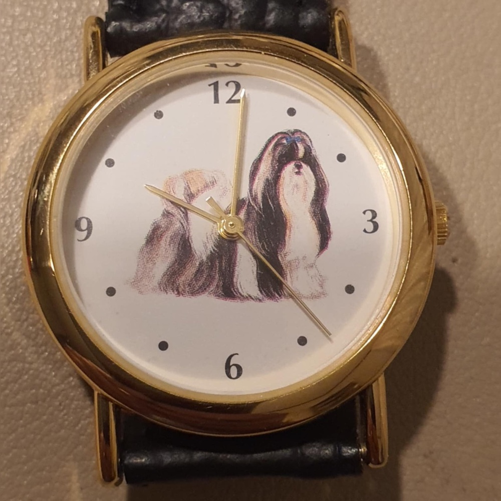 🦋10/$20🦋 Wrap Goldtone/White Leather Shih Tzu Dog Print Women's Watch